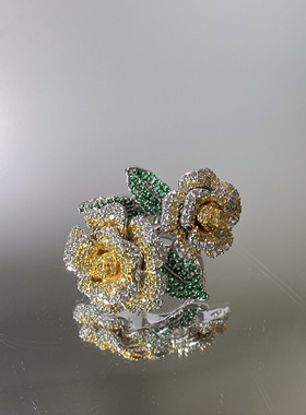 黄色玫瑰花双生花925银镀金镶嵌满钻多层黄玫瑰戒指山茶花戒指