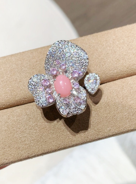 精工打造立体花瓣花朵戒指925银镀金镶嵌满钻浪漫花朵戒指指环