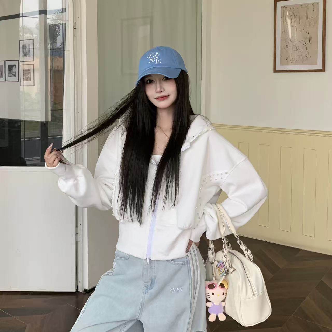 12/22Z品牌！收腰短款珍珠连帽卫衣女美式辣妹修身显瘦开衫外套 - 图1