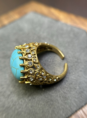 法式复古轻奢青金石绿松石戒指镶锆石铜材质高级指环配饰手饰