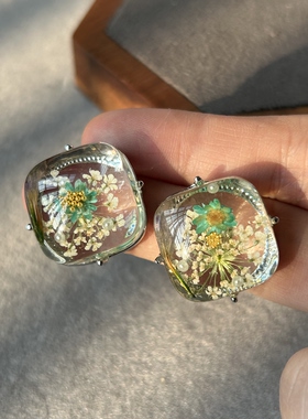 透明紫色干花方形耳环法式复古绿色小花耳环小众设计精致耳钉