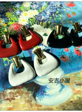 复古几何黑色珐琅三角包耳环