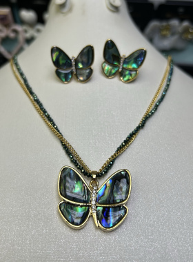 中古vintage蝴蝶项链女轻奢小众设计感锁骨链天然鲍鱼贝壳首饰