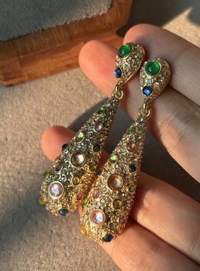 中古vintage彩色宝石水滴立体镂空耳环高档气质铜镀金高品质耳饰