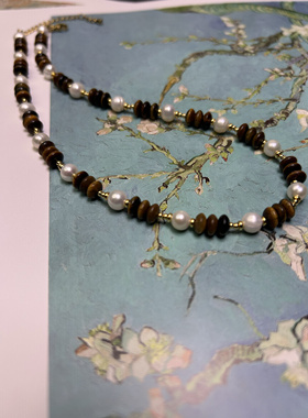 天然虎眼石珍珠串珠毛衣项链美拉德风格轻奢小众新款颈链