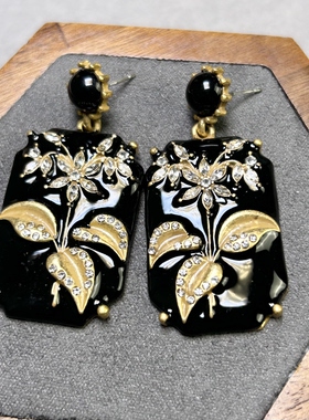 中古vintage夸张黑金耳环长方形花朵气质耳环经典百搭