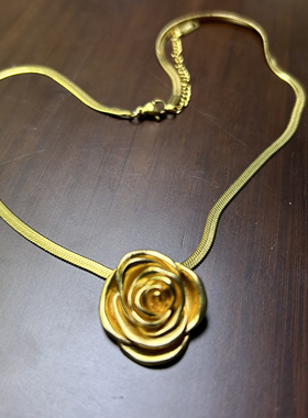 中古Vintage蔷薇玫瑰山茶花气质款镀真金素金耳钉项链