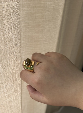 小众设计虎眼石开口戒指铜镀真金复古百搭戒指大气奢华