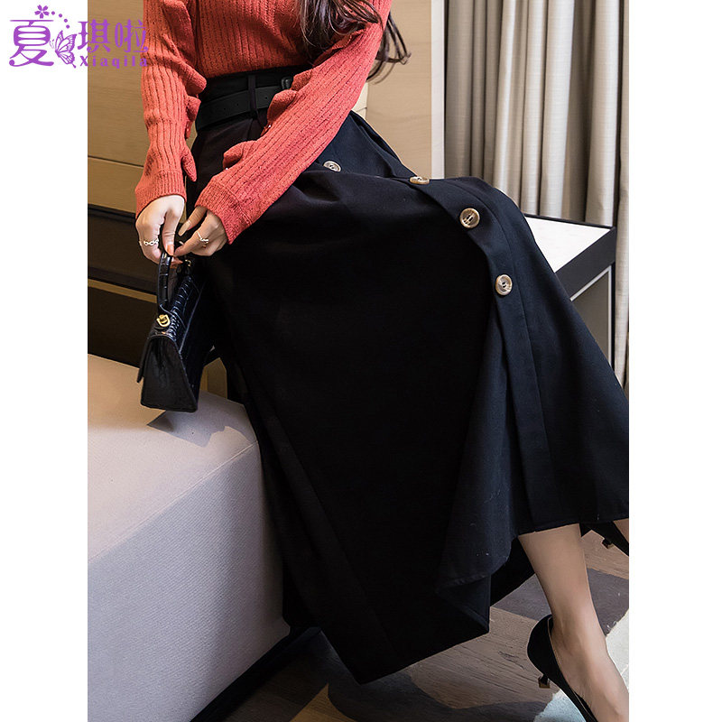 秋冬新款高腰遮肚子a字毛呢半身裙 夏琪啦半身裙
