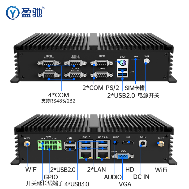 盈驰工控机迷你主机双网六串口J4125嵌入式工业无风扇电脑静音酷睿i5i7minipc全封闭防尘RS485/RS232微型主机 - 图3