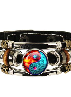 跨境配饰 复古阴阳龙阴阳鱼太极八卦手链黑色手链 皮革手绳饰品