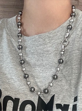 施家大溪地铂金灰双拼珍珠小众设计优雅复古项链毛衣链