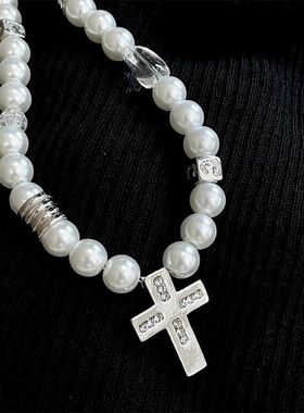 国潮风独特设计感珍珠方块拼接十字架巴洛克项链男颈链配饰潮