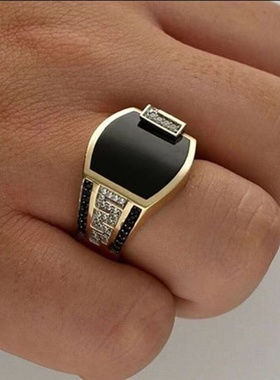 欧美嘻哈风男士商务戒指黑钻珐琅微镶锆石仿真潮流男流行首饰