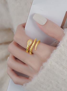 新款爆款中古爆闪满钻缠绕蛇头灵蛇戒指复古本命年多圈金色食指戒