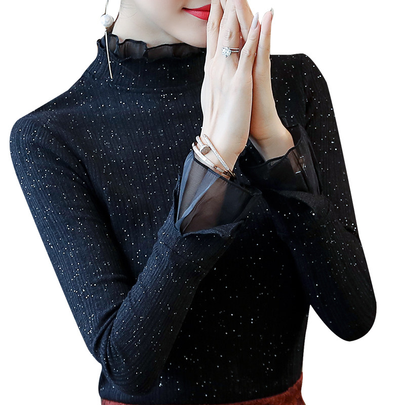 秋装新款蕾丝长袖秋季黑色气质小衫 bomovo蕾丝衫/雪纺衫