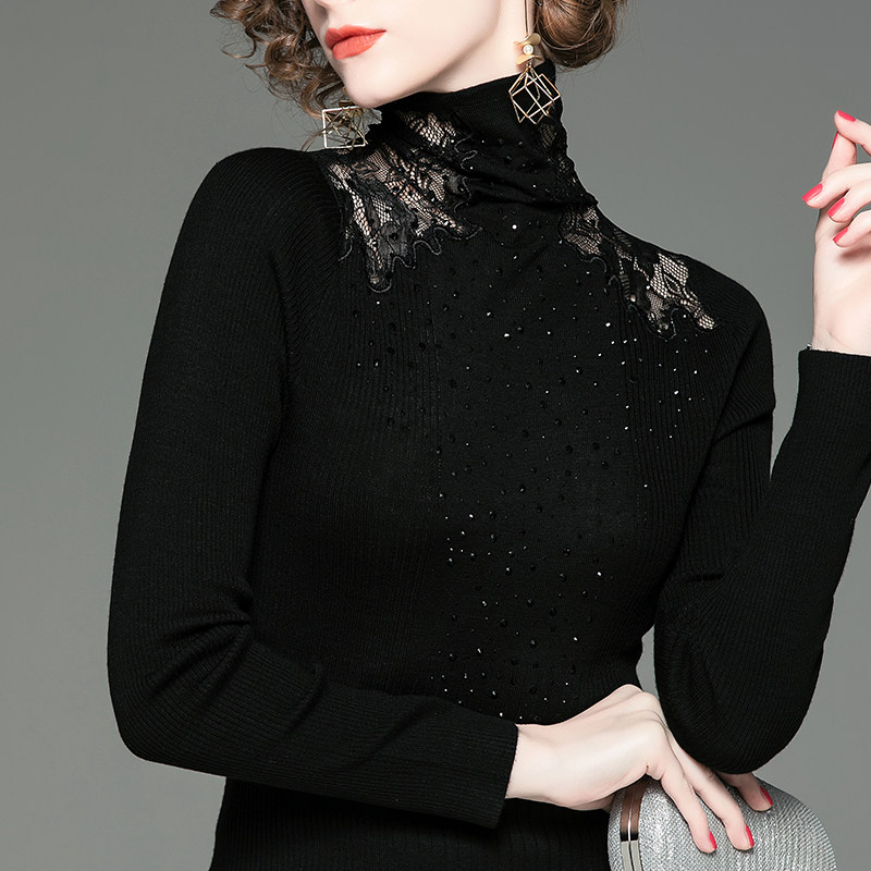 黑色蕾丝秋冬季修身高领网纱打底衫 bomovo蕾丝衫/雪纺衫