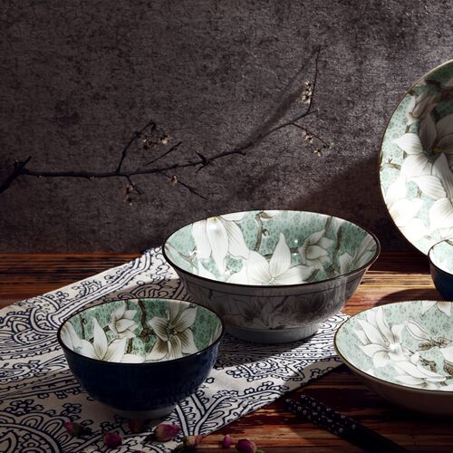 [cocostyle]日本原装进口釉下彩陶瓷餐具五色木莲饭碗汤碗面碗 - 图1