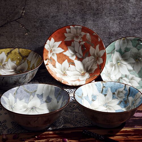 [cocostyle]日本原装进口釉下彩陶瓷餐具五色木莲饭碗汤碗面碗 - 图0