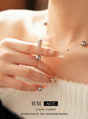 灰色设计感珍珠款项链轻奢高级感气质毛衣链韩系冷淡风独特项饰女