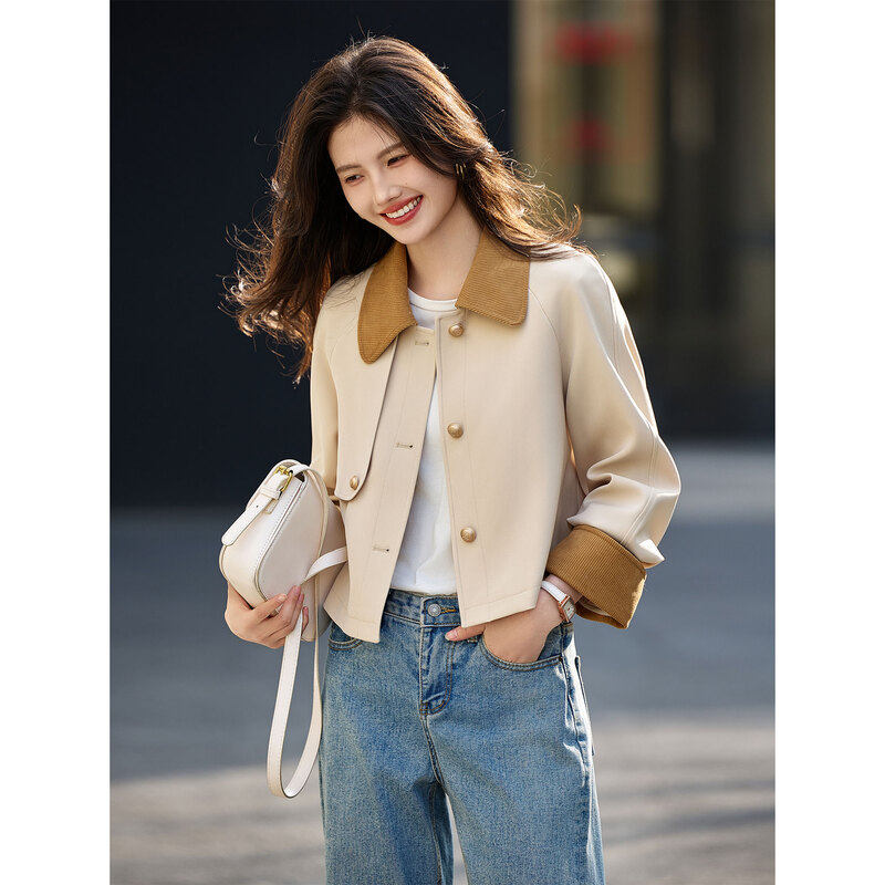 时尚气质风衣2025年春季新款女撞色温柔百搭韩版短款休闲翻领上衣