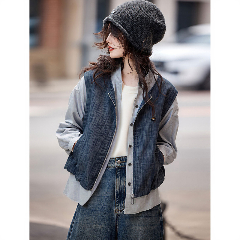 2025秋季新款休闲拼接假两件含苎麻夹克外套上衣女装SXWT25280 - 图2