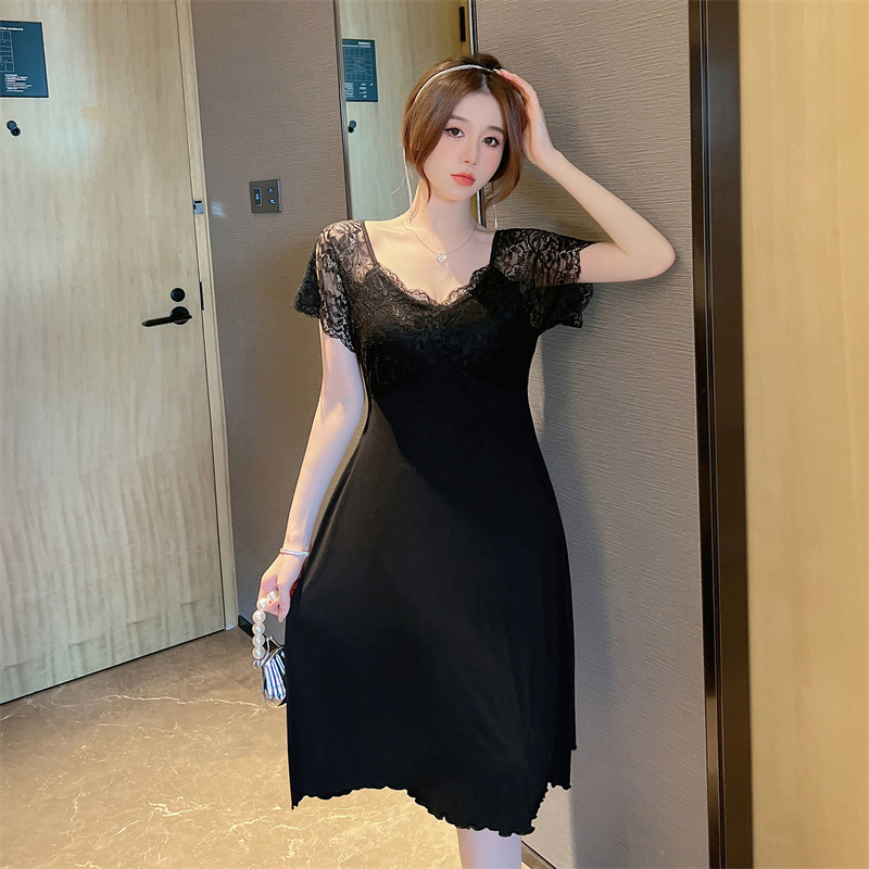 新款冰丝纯色蕾丝吊带纯欲性感睡裙 皖峰服饰睡裙