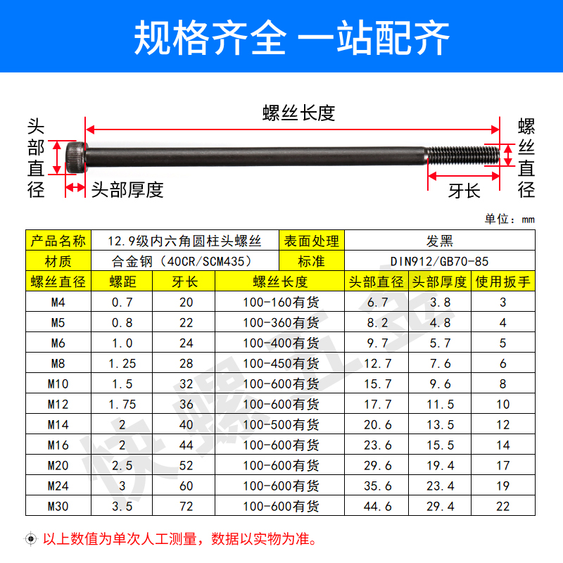 12.9级加长内六角螺丝M4M5M6M8M10M12M14M16M24*100-400杯头螺栓