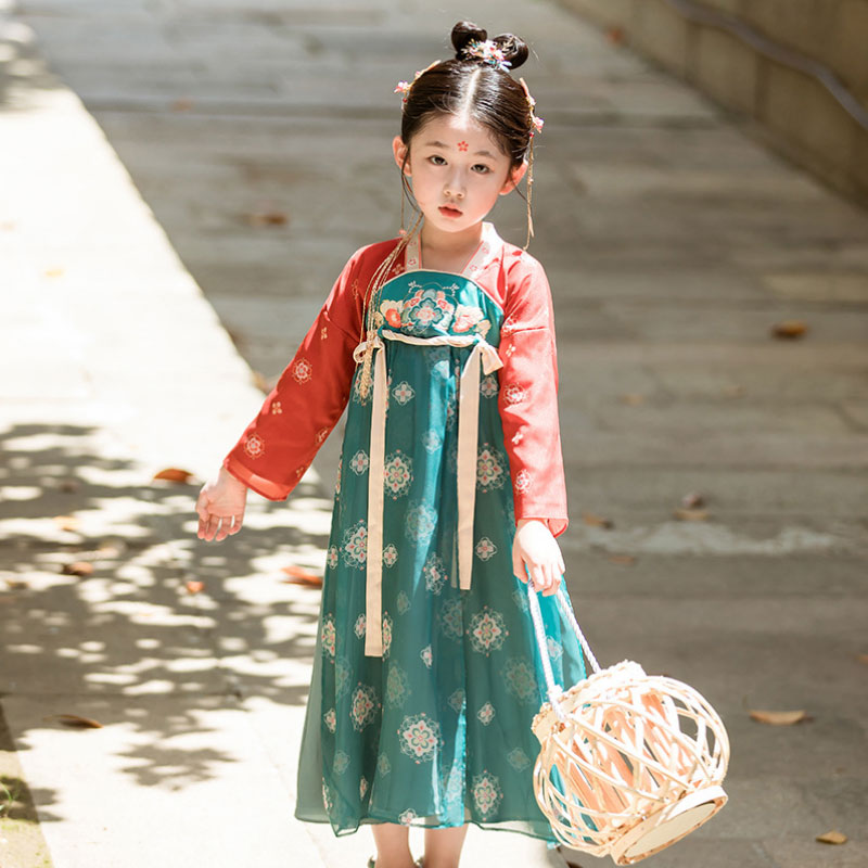 女童汉服襦裙春秋敦煌刺绣连衣裙超仙中国风改良中式儿童古装裙子-图0