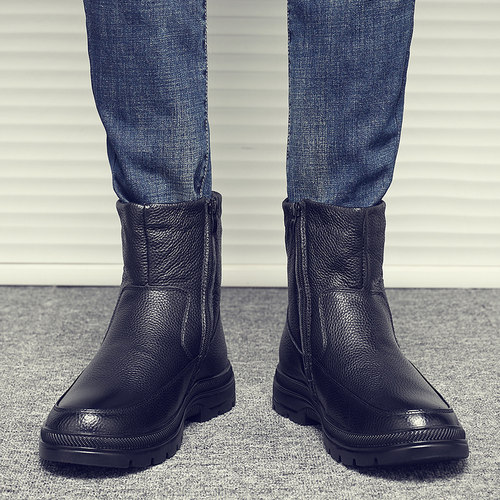 牛皮雪地靴男士棉鞋冬季保暖羊毛真皮高筒男靴子高帮加厚防滑棉靴 - 图1