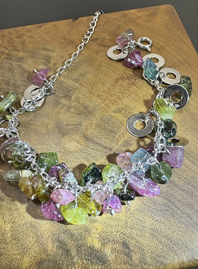 2026新款天然彩虹碧玺随形S925银镶嵌设计流苏延长链单圈手饰手链