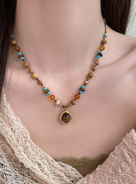 钛钢石头琉璃串珠圆形吊坠项链复古民族风锁骨链小众设计感毛衣链