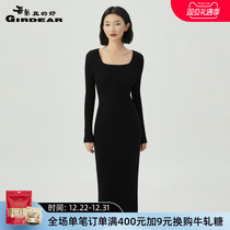 Brother really good 2023 fall new wool sashimi square collar knit one-piece dress woman A500217