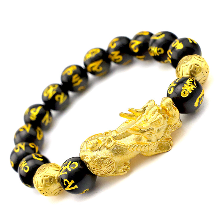 3D 足金色转运珠黑曜石六字真言招财手链 999 黄金貔貅手链 男款 硬金 3D 足金色转运珠黑曜石六字真言招财手链 999 黄金貔貅手链 男款 硬金
