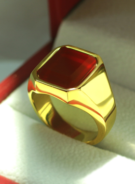 黄金钛钢红玛瑙戒指男士方形戒子