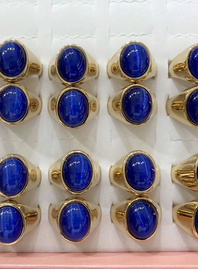 韩版镀金蓝宝石猫眼石钛钢戒指