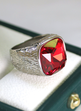 欧美时尚复古钛钢红宝石戒指男
