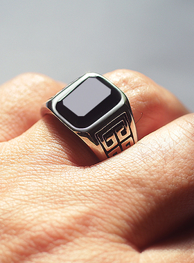 时尚男士戒指复古黑曜石钛钢指环