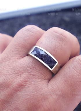 欧美复古蓝砂石戒指男士钛钢指环