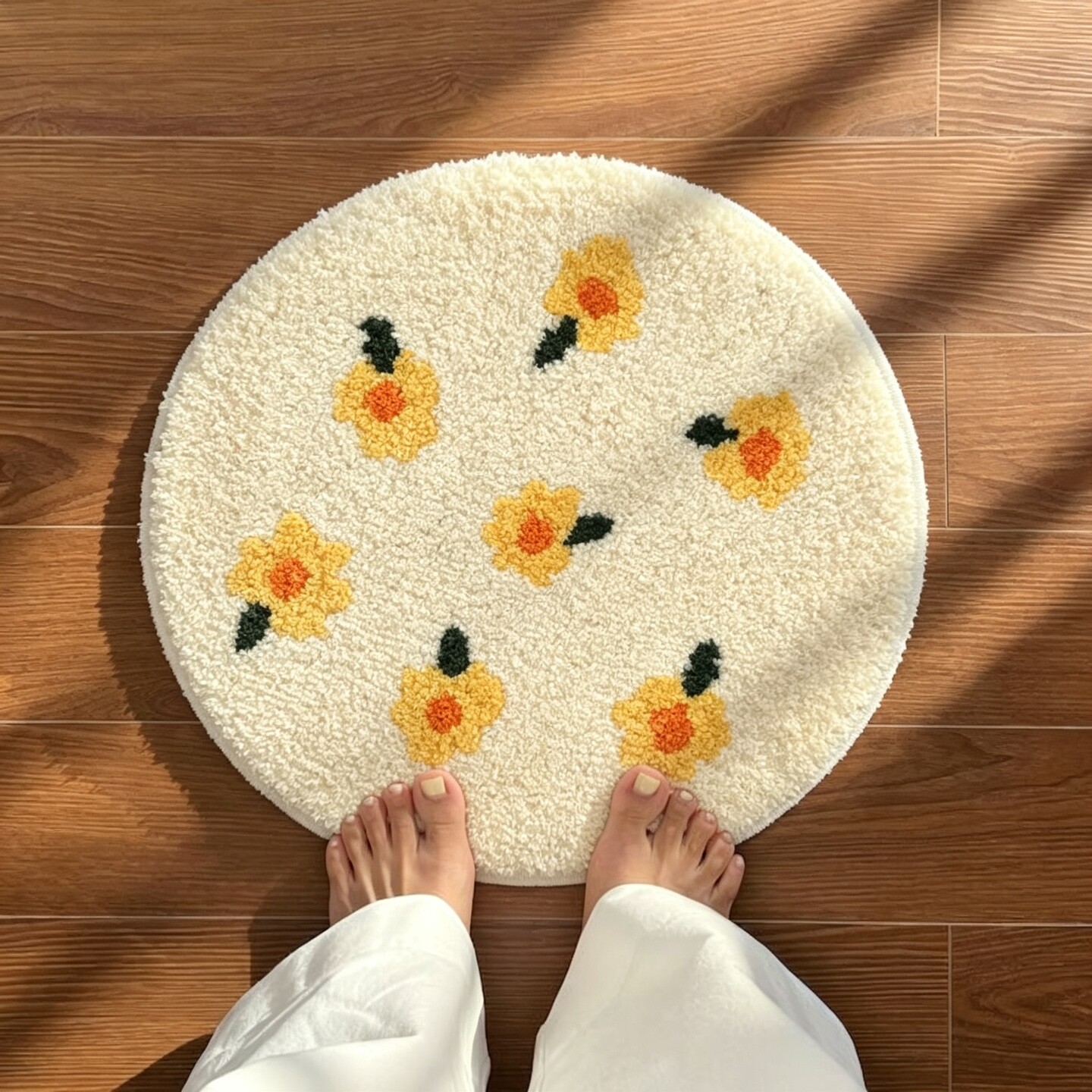 Black daisy round flocked floor mat retro ins style bedroom bedside living room non-slip carpet cushion chair cushion
