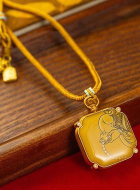 手绘唐卡吊坠配饰黄财神立体扎基拉姆黄铜擦擦镶钻唐卡项链民族风