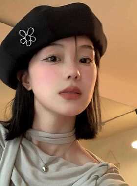 秋冬季帽子女韩版时尚花朵蓓蕾帽大头围显脸小复古文艺百搭贝雷帽