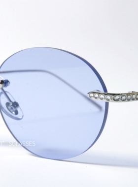 无框椭圆碎钻UV400防晒墨镜