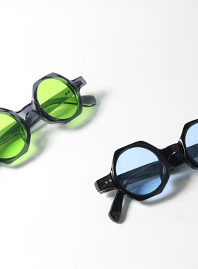 荧光绿色小框UV400圆形复古墨镜