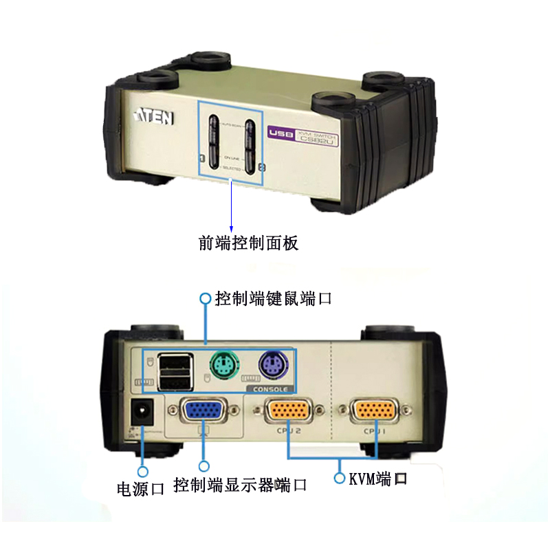 ATEN宏正2进1出多电脑KVM切换器 2口PS2/USB键鼠共享器 CS82U电脑主机显示器切换/分配器高清支持游戏键盘-图3