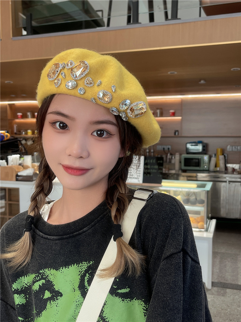2025秋冬新款羊毛呢画家帽韩版张元英同款水钻贝雷帽女蓓蕾帽子 - 图0