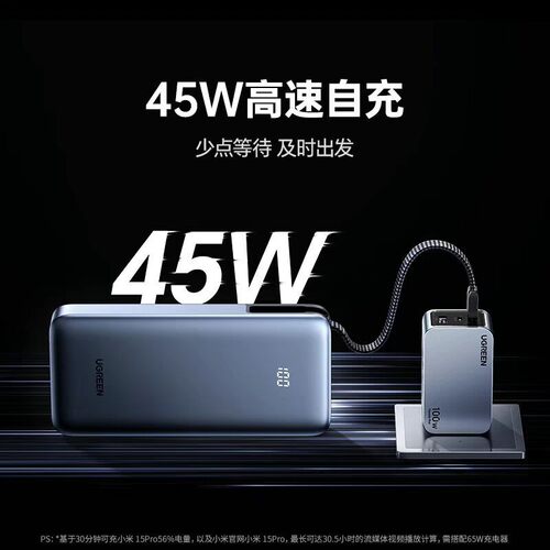 Ugreen绿联PB537充电宝55W快充自带线20000毫安大容移动电源95178 - 图1