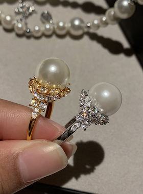 干枯玫瑰珍珠开口钻石戒指女