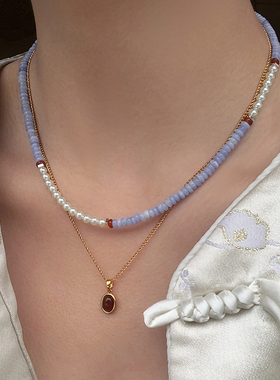 天然石紫色玛瑙珍珠项链配饰女