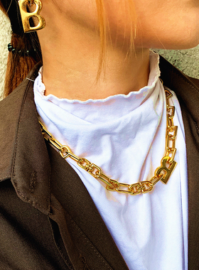 金色B字母粗项链女款小众